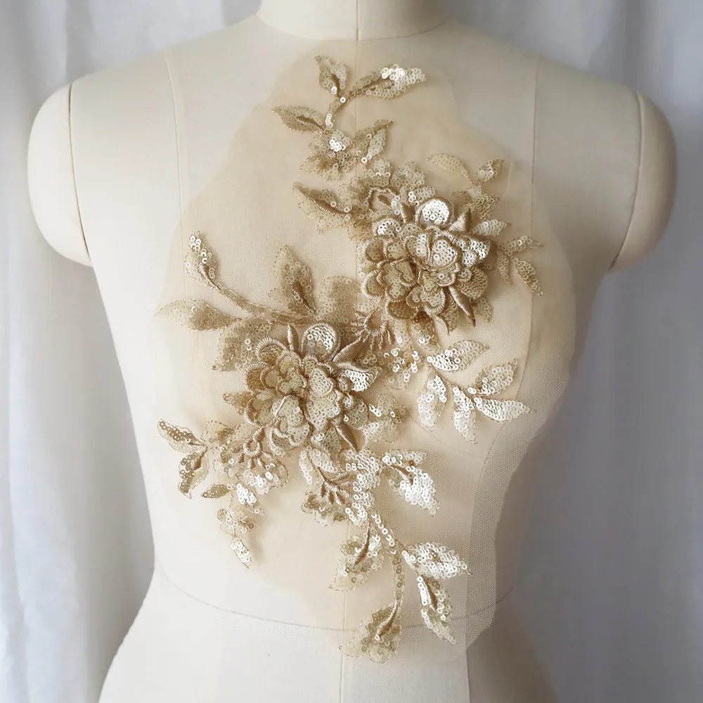 Lantejoulas bordadas flor aplique renda tecido guarnição gola de malha vestido de noiva de casamento remendo de costura vestido de festa decoração artesanato faça você mesmo