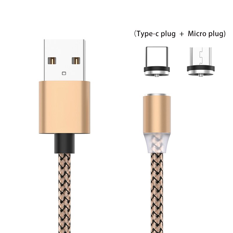 Fast Charging Type C Cable LED 2A Magnet Mini USB Cable Charger Data Mini Micro 2M Mobile Phone for Xiaomi 1M PC Computer: gold with two plug / 1m