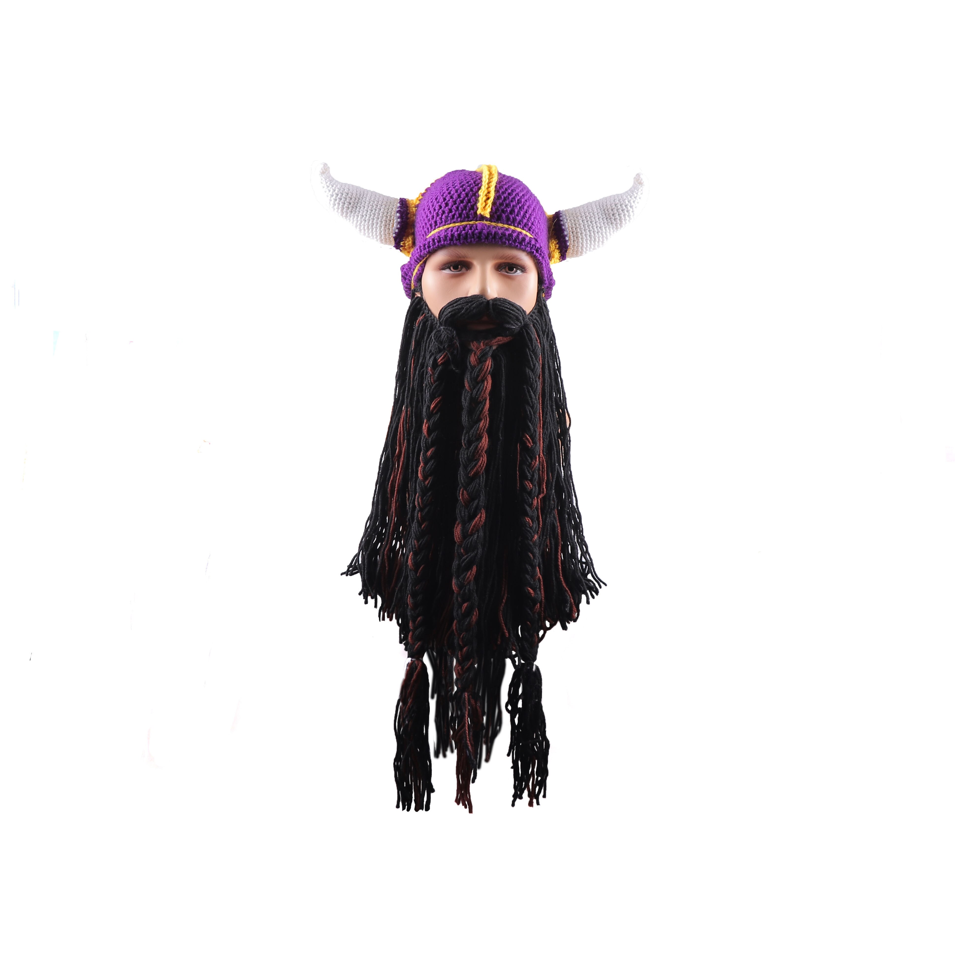 Men's Barbarian Vagabond Viking Beard Beanie Horn Hats Handmade Knitted Winter Warm Caps Funny Halloween Mask Cosplay H9
