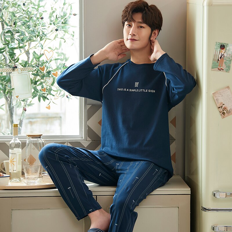 SONG Spring Autumn Men's Pajama Sets Long-sleeved Knitted Cotton Round Collar Handsome Simple Style Home Wear Pyjamas