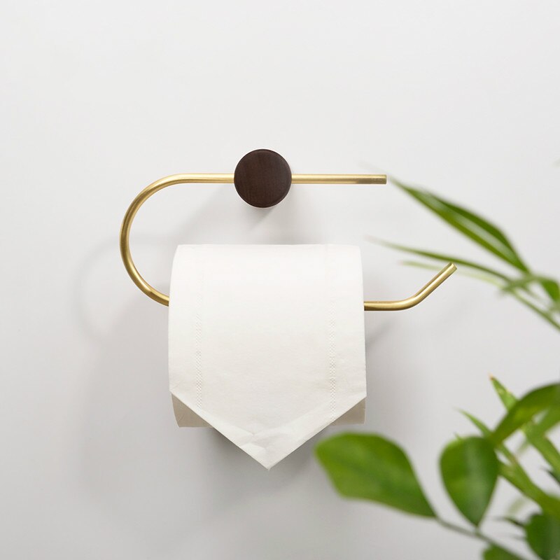 Nordic bathroom paper towel holder roll holder brass toilet paper holder solid wood paper towel rack punching installation