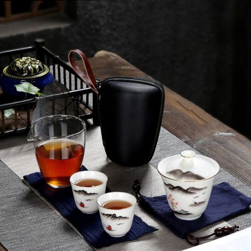 Utomhus bärbar resa tekanna set med 2 minikoppar 1 gaiwan porcelana japansk teservis gaiwan kung fu te ceremoni set: A