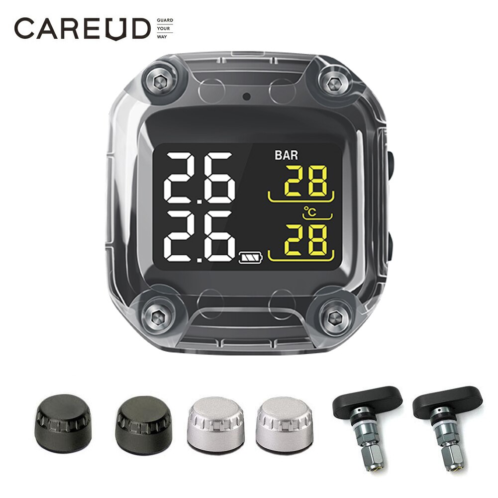 CAREUD Motorcycle Wireless TPMS Tire Pressure Monitoring System Digital LCD with Two External/Internal Sensors Easy to install