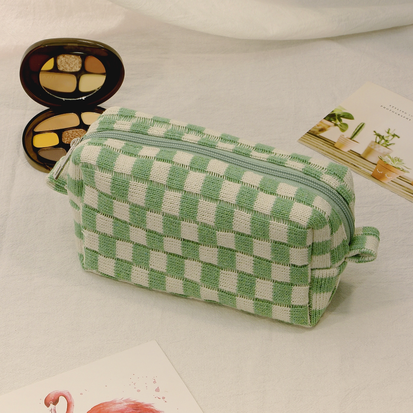 Checkerboard Cosmetic Bag Knitted Toiletry Storage Bag Colorful Makeup Pouch Organizer Checkered Pattern Cosmetic Bag: green