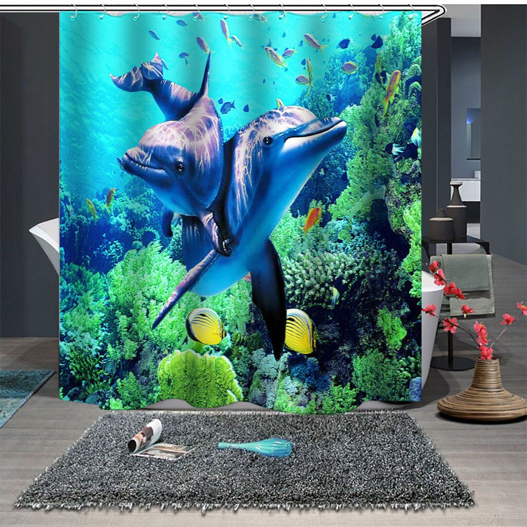 Ouneed Douchegordijn Bloemen & ocean prints Bad/Wc Gordijn met 12 haken 3D dolfijn Gedrukt Badkamer Douchegordijn: A