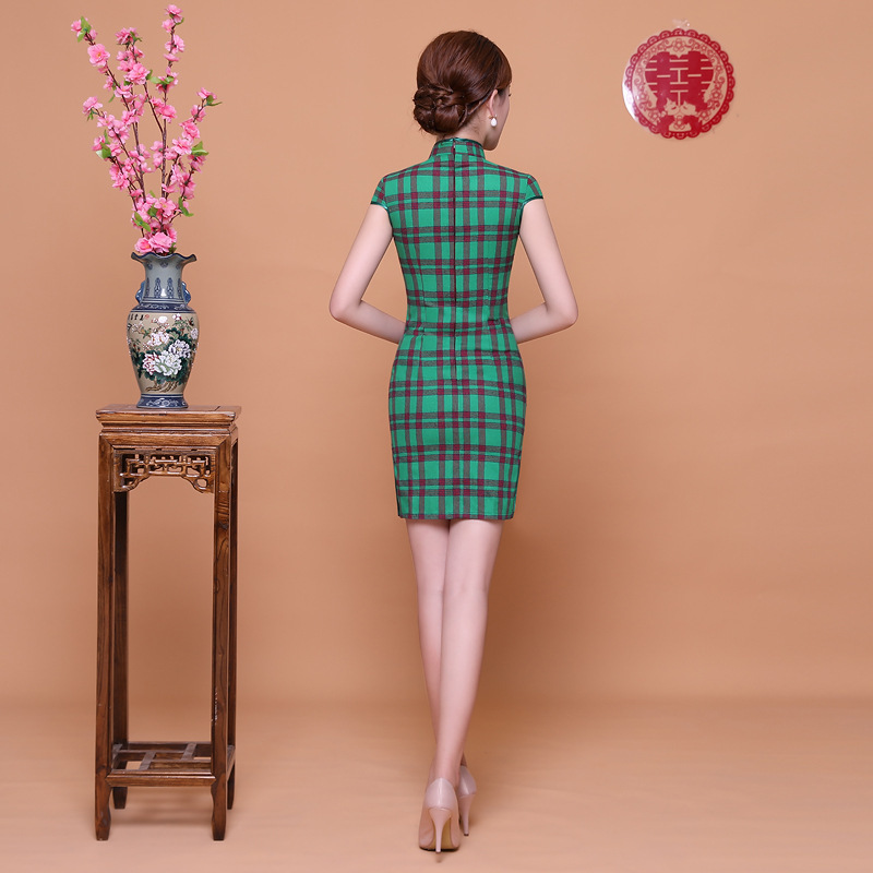 Sheng coco grønt gitter chipao kjoler kvinne mini cheongsam qipao skrå rutete kort klassisk slank sommer kjole i orientalsk stil