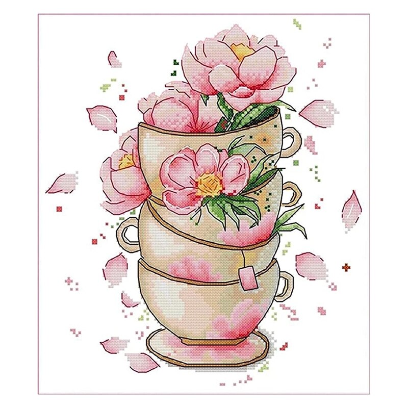 Stamped Cross Stitch Kits Beginners Embroidery Starter Kits for Adults Cross Stitching DIY Kit 11CT-Flower on Coffee Cup: Default Title