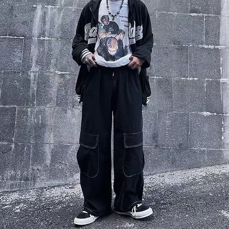 HOUZHOU Black Cargo Pants for Men Baggy Wide Leg Trousers Male Autumn Men&#39;s Cargo Trousers Japanese Streetwear Hip Hop Harajuku