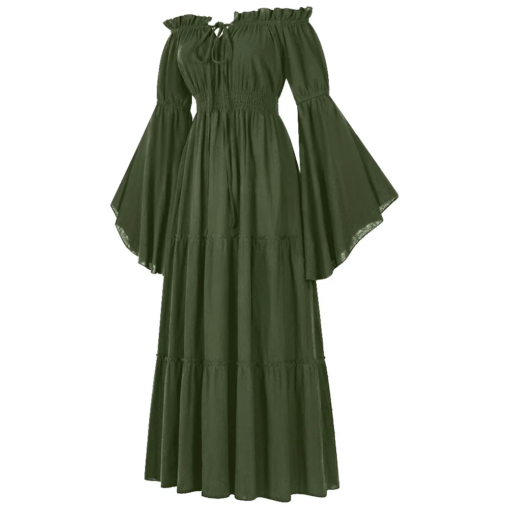 Damen Renaissance irisches Kleid, schulterfrei, mittelalterliches Bauernkleid, Piratenkostüm, Dirne, Retro-Kleid, gesmokte Taille, Maxi-langes Kleid: S / green
