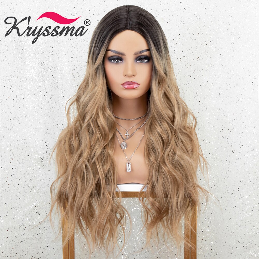 Kryssma Ombre Blonde Wigs Long Wavy Synthetic Wigs For Women Cosplay Wigs Blonde Wig Mixed Black Heat Resistant Fiber Hair: CYM104 / 24inches