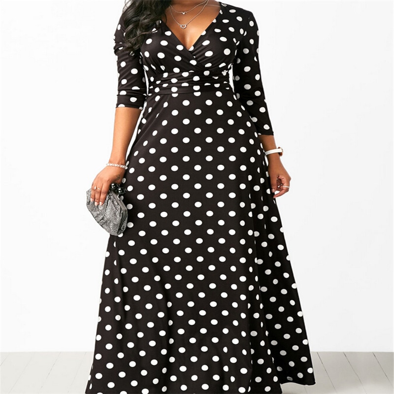 Vestido largo femenino de verano con manga tres cuartos, traje bohemio con estampado de puntos y escote en V para mujer, estilo étnico