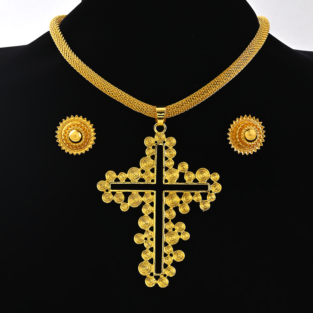 Saoedi-Arabië 24K Goud Kleur Ethiopië Vrouwen Sieraden Ketting Oorbel Afrikaanse Arabische Bruids Set Habesha Eritrea Party: Titanium Plated