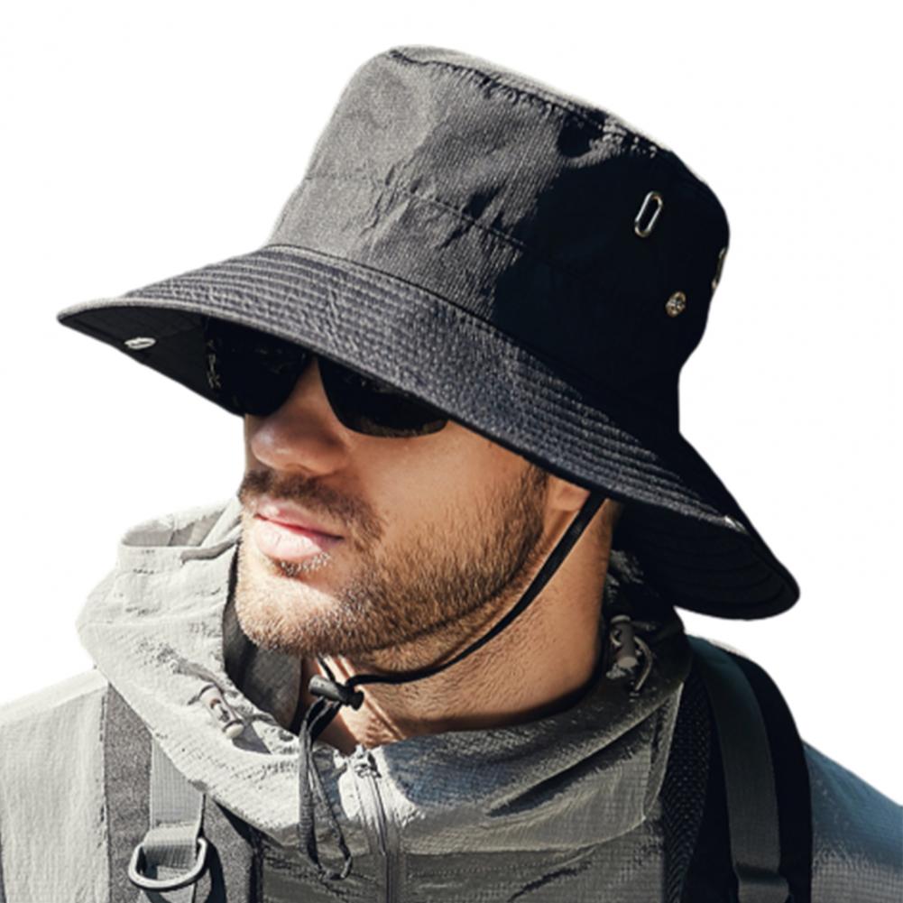 Summer Men Sun Hat Anti UV Sun Windproof Strap Wide Brim Bucket Hat Foldable Portable Travel Cap Fisherman Hat: black