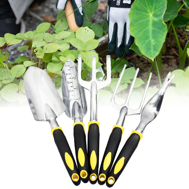 Garden Tool Hand Trowel Rake Cultivator Weeder Tools with Silicone Handle 5pcs Garden Planting Digging Tool Set