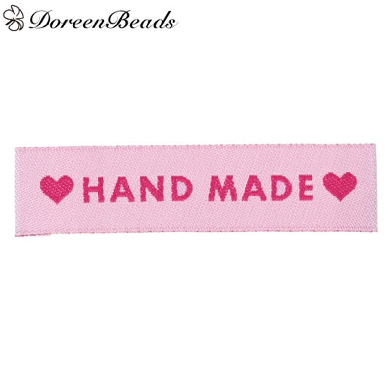 DoreenBeads Terylene Geweven Gedrukt Etiketten DIY Scrapbooking Craft Rechthoek Roze Hart Patroon "Handgemaakte" 50 Stks