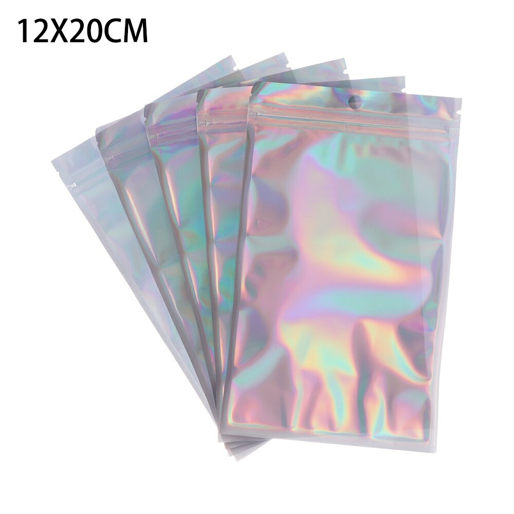 20 Teile/paket Kunststoff Tasche 6 Größen Aluminium Folie Hologramm Lebensmittel Beutel Kleine Wasser Proof Zipper Wiederverschließbaren Beutel: 12X20CM