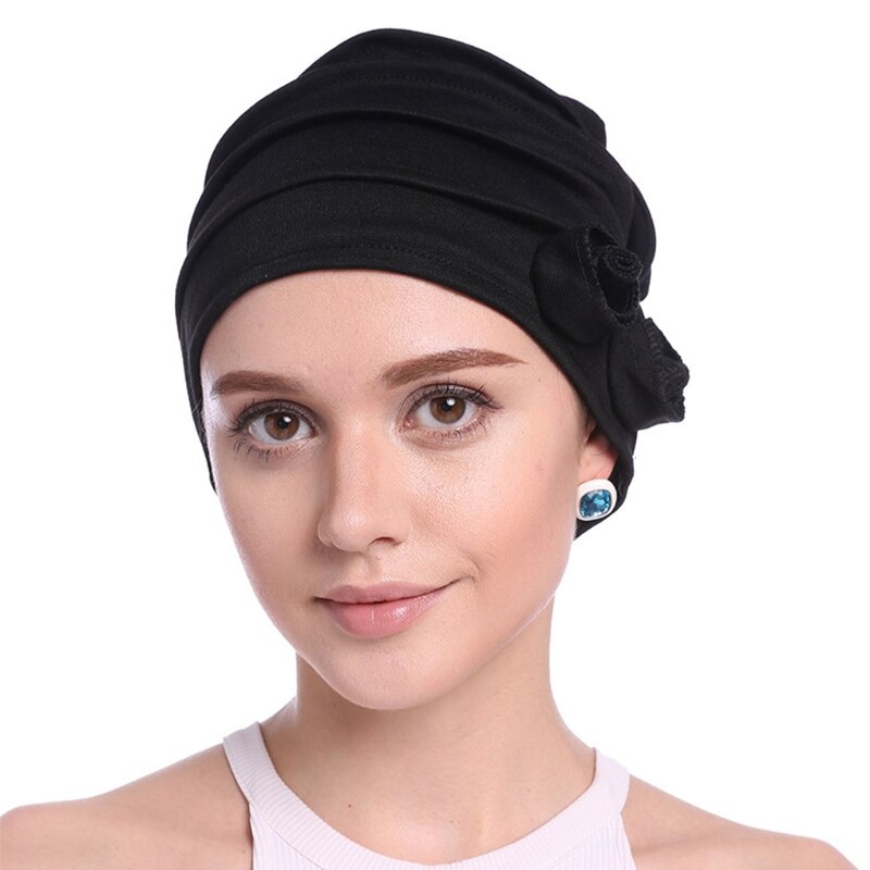 Women Ruffle Chemo Turban Scarf Beanie Cap Hat for Cancer Patient: Black