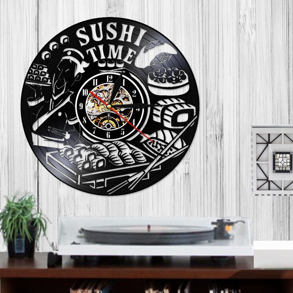 Sushi Time Antique Wall Clock Japanese Dish Foodie Vinyl Record Clock Sashimi Asian Restaurant Wall Roll Clock Sign Gourmet