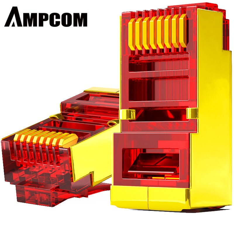 Ampcom suojattu  rj45 cat 6 liitin modulaarinen pistokeliitin 8 p 8c puristuspää ethernet-kaapeli ethernet-liitin kullattu 50u: Punainen / 50- kpl