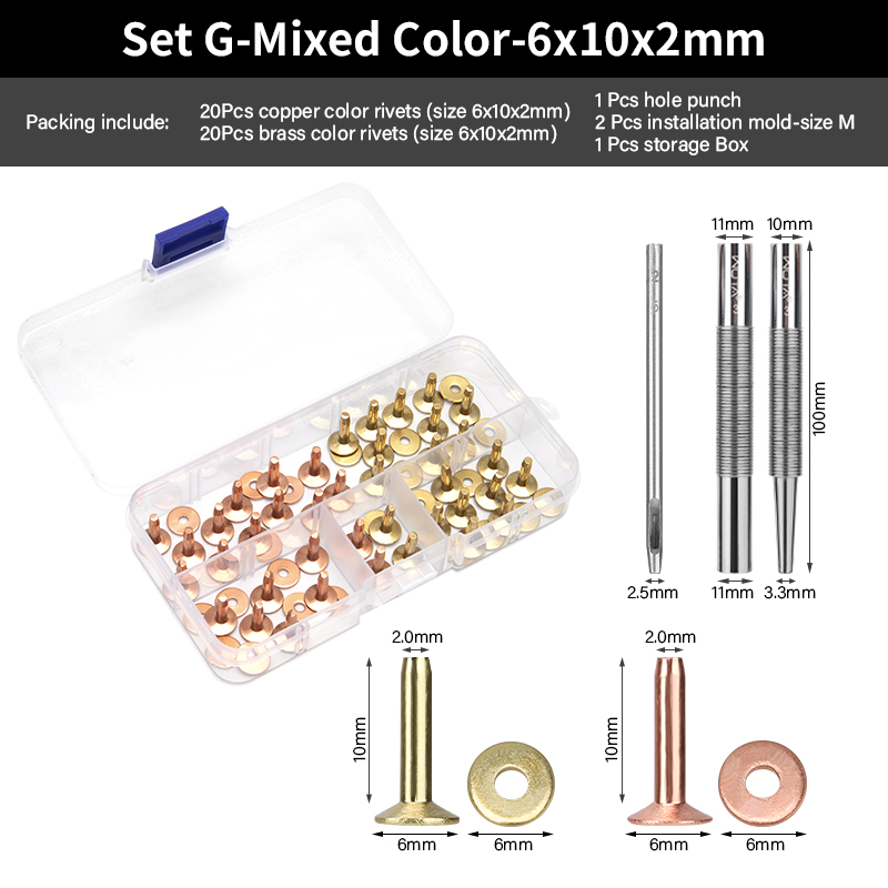 WUTA 43 Pcs Pure Copper Rivets and Burrs,4 Sizes Set Solid Brass Studs Setting Tool for Belts Wallets Collars Leather DIY Craft: Nickel-Free White