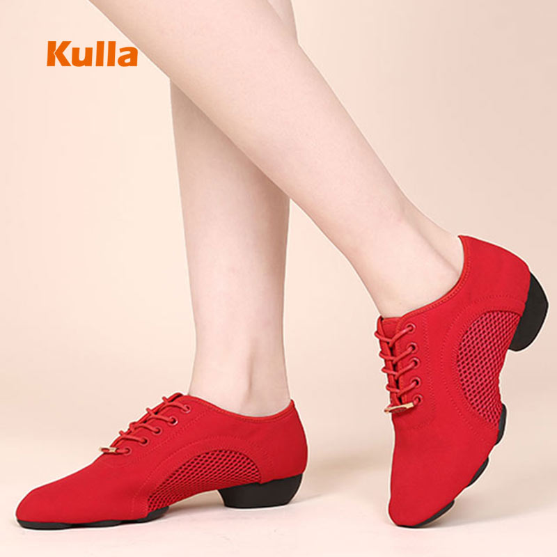 Zapatos de baile latino zapatos de baile de Jazz mujer, zapatillas rojas de malla de caucho para salón de Salsa Tango