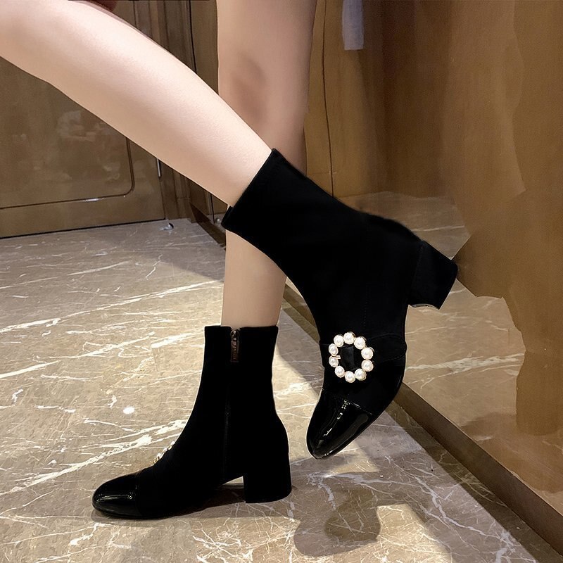 Høst damesko lakkstøvler med spisse tår vinterperle stretchstøvler glidelås kvinner svarte ankelsokkstøvler
