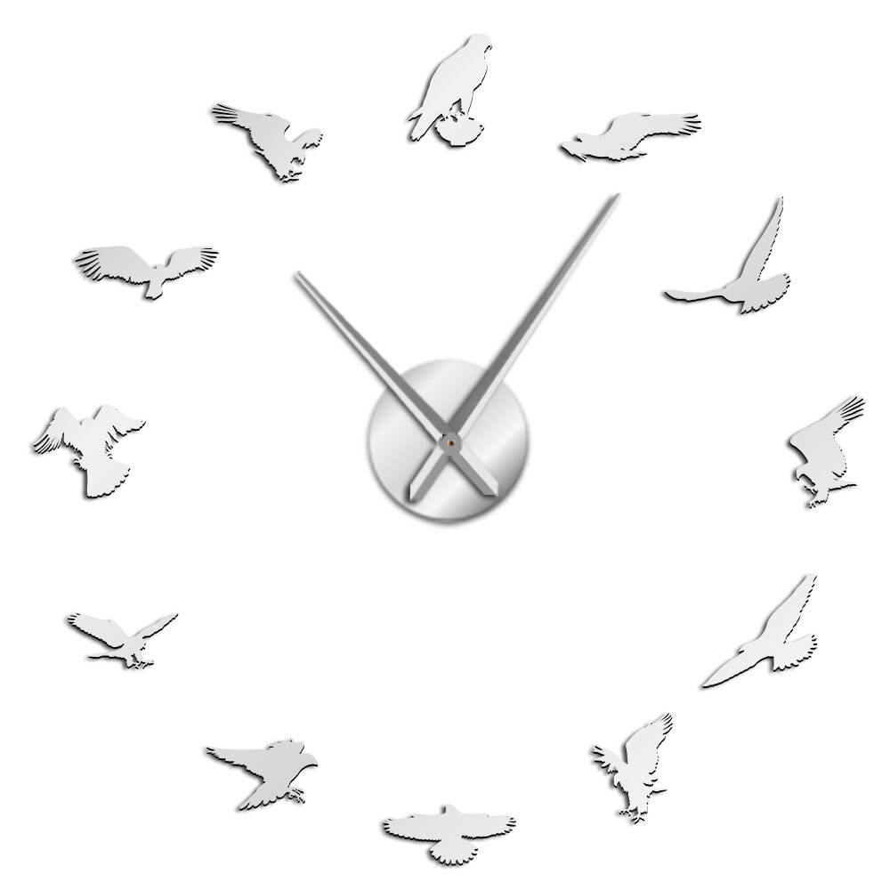 Falconry Bird Self Adhesive DIY Clock Watch Peregrine Falcon Silent Quartz Frameless Big Needles Quiet Sweep Cool Wall Art: Silver / 37inch