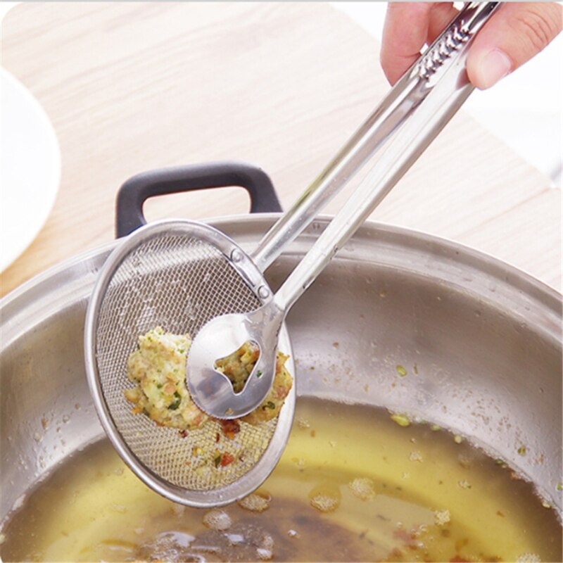 Colador de acero inoxidable plateado, cuchara para aceite, escurrir pollo frito, colador de piernas, Snack, sartén de freír, Clip de comida, colador de aceite