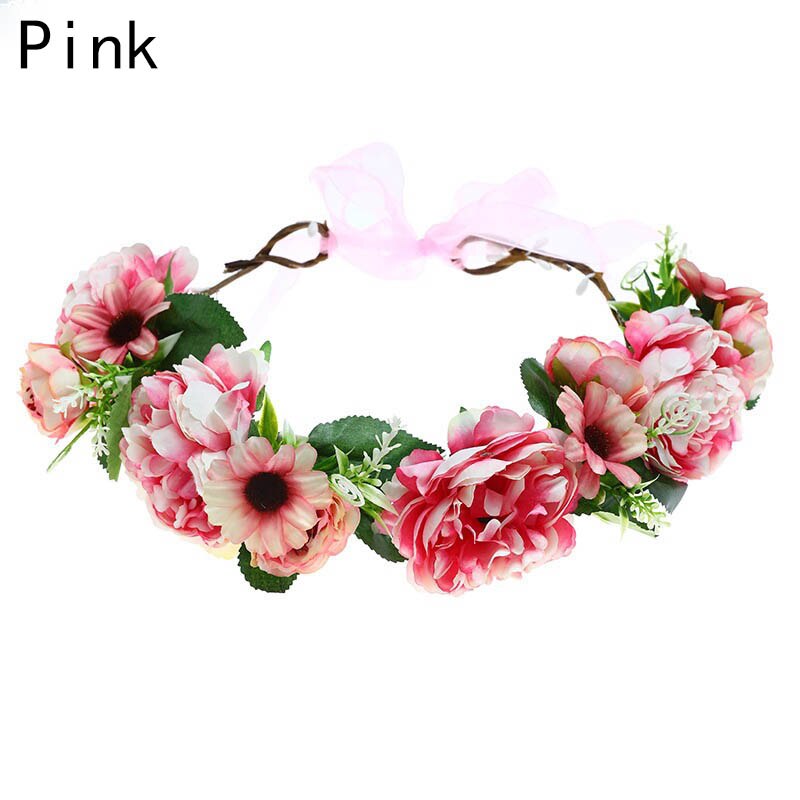 Lente Bohemian Bloem Kronen Strand Bloemen Guirlande Romantische Rose Bruiloft Kransen Haarband Hoofdband Bruid Haar Hoepel Accessoires: Pink