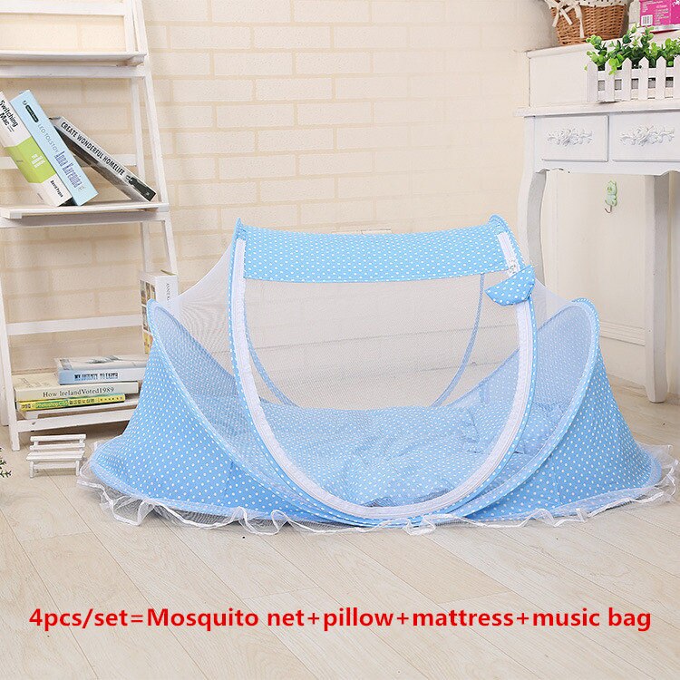 Newborn Infant Baby Bedding Crib Netting Anti-mosquito Net Foldable 4pcs Baby Mosquito Net Suit or 2pcs Cool Pillow Mattress Set: Blue 4pcs set