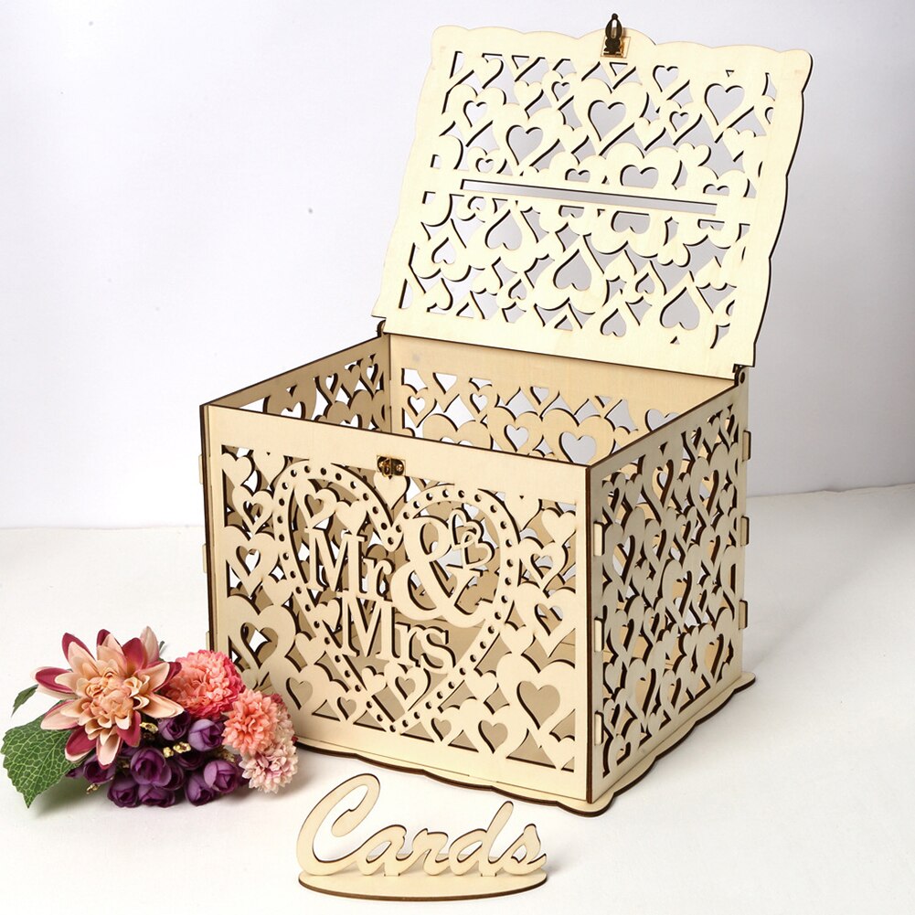 Wood Wedding Card Box DIY Mr Mrs Supplies Couple Deer Hollow Love Pattern Wedding Supply