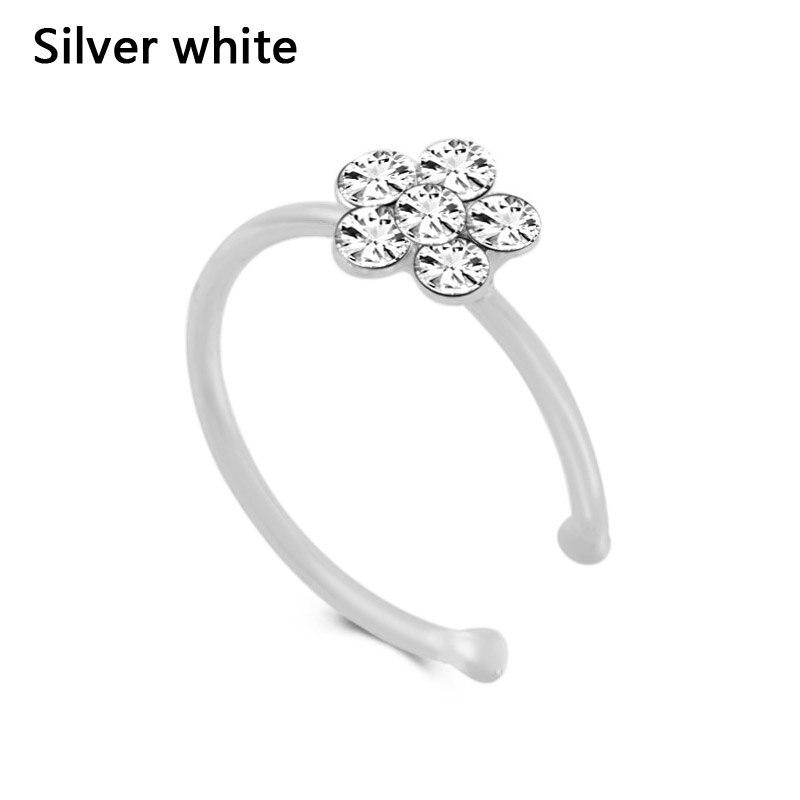 1pc kvinder smykker ring krystal blomster charme næse ring krop smykker: Sølvfarvet hvid