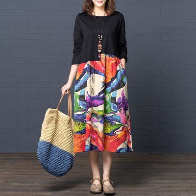 Løse afslappede kjoler til kvinder sommer patchwork bomuld linned retro kjole kinesisk stil lang kjortel vintage femme  ta1761: 2 / Xl