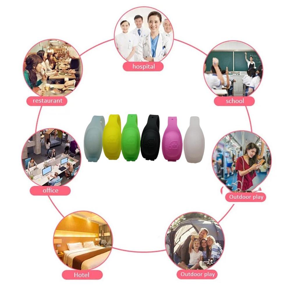 O bracelete descartável do silicone pode ser enchido com desinfetante da mão, garrafa da pulseira, desinfetante da mão do gel, álcool