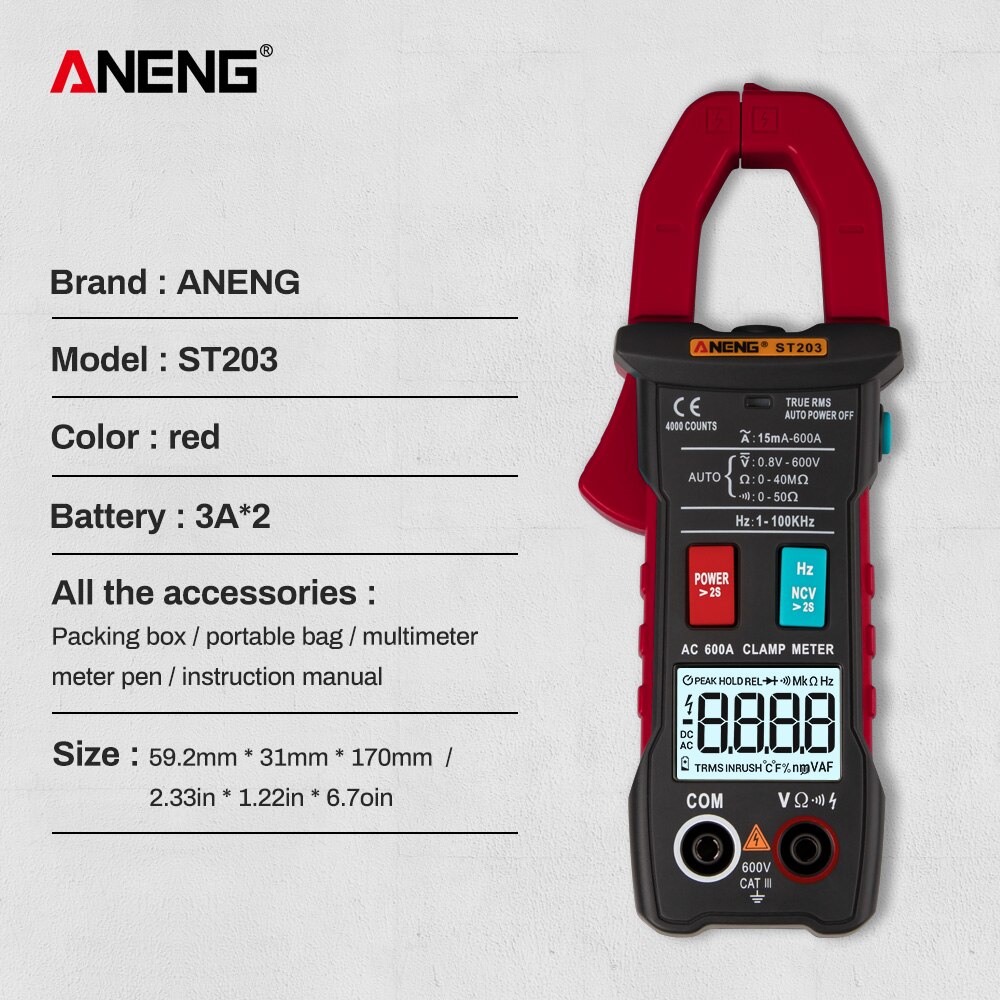 ANENG ST203 4000 Counts Full Range True RMS Digital Multimeter Clamp Meter AC/DC Voltage NCV Resistance Auto Range Flashlight