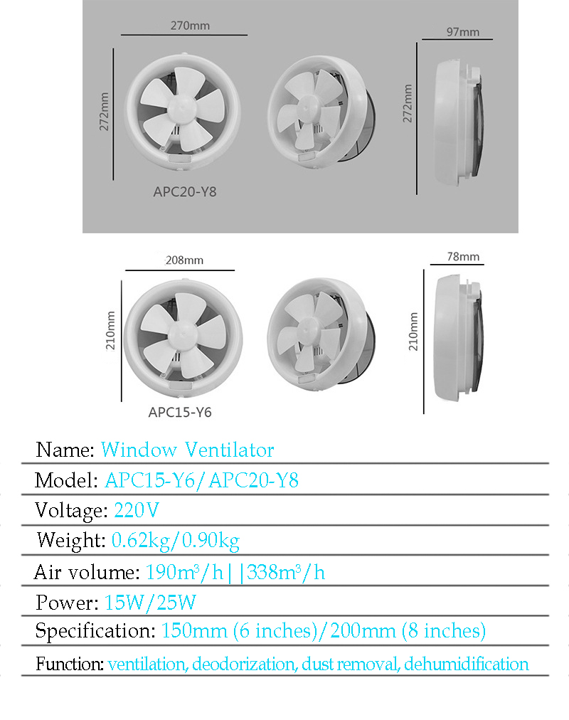 Højeffektiv ventilationsvindue type cirkulært ventileret glas badeværelse toilet ventilation loft kanal væg exhuast fans