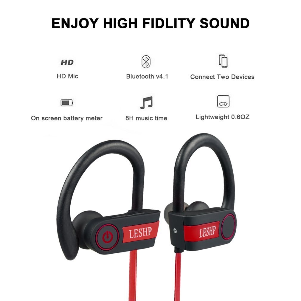 Anti-sweat Bluetooth Earphone Sport Stereo Music Wireless Earbud Hands-free Headset for Running Gym In-ear LESHP Dynamic