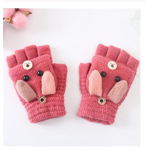 Winter Christmas Kids Warm Gloves Primary School Cashmere Knit Flip Half Finger Gloves Cartoon Mittens For Boys Girls 6-12Y: Red