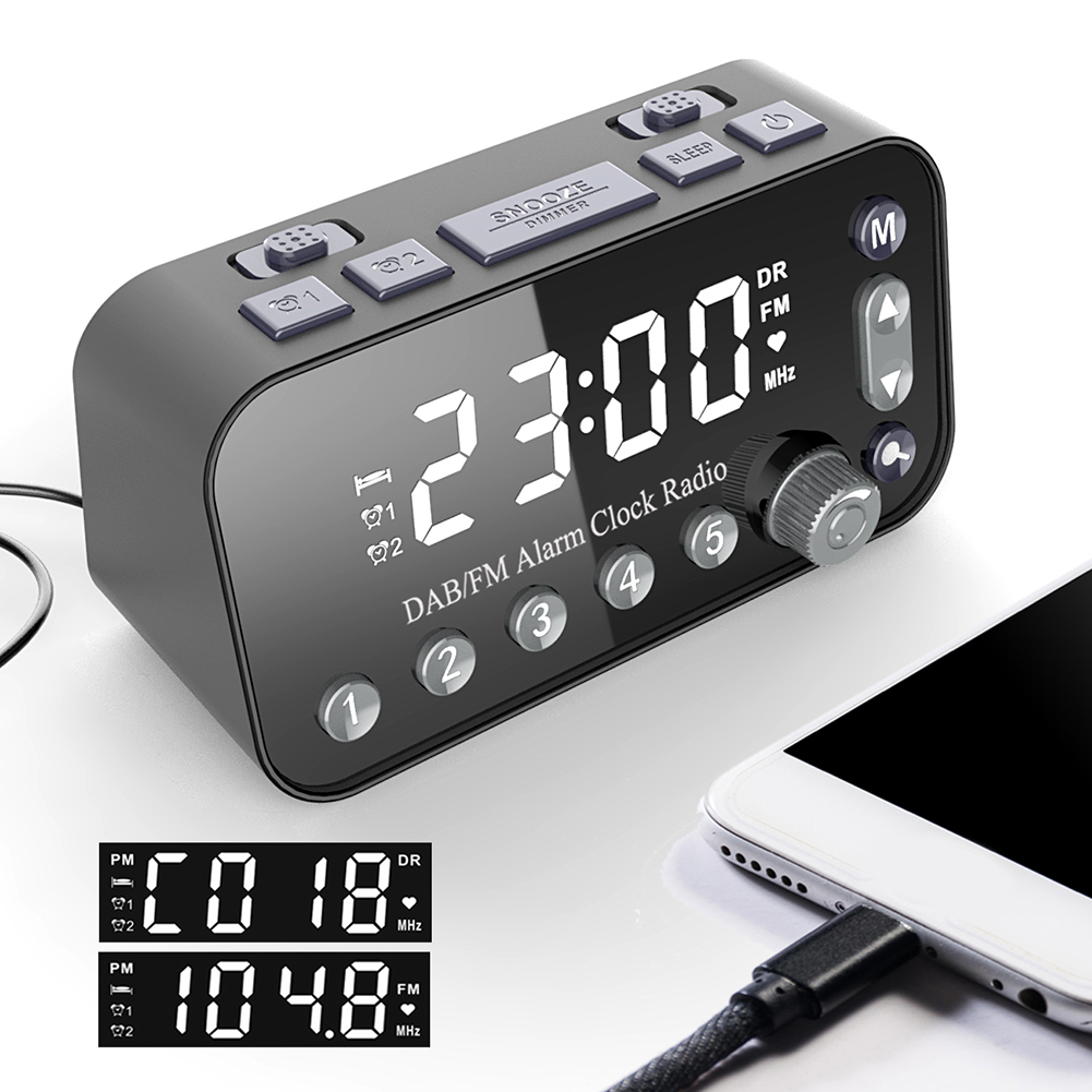 Digital Alarm Clock DAB FM Radio USB Rechargeable Backlight Adjustable Alarm Volume Alarm Clock Radio with Antenna