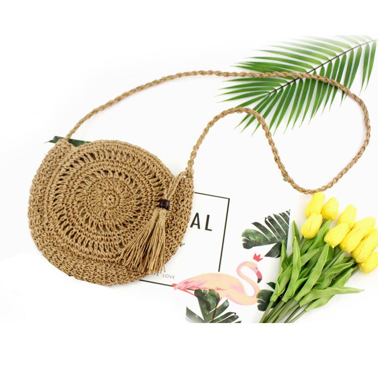 Rattan Woven Round Women Straw Bag Handbag Knit Summer Beach Bag Woman Shoulder Messenger Bag Tassel Khaki Beige Bags: Brown