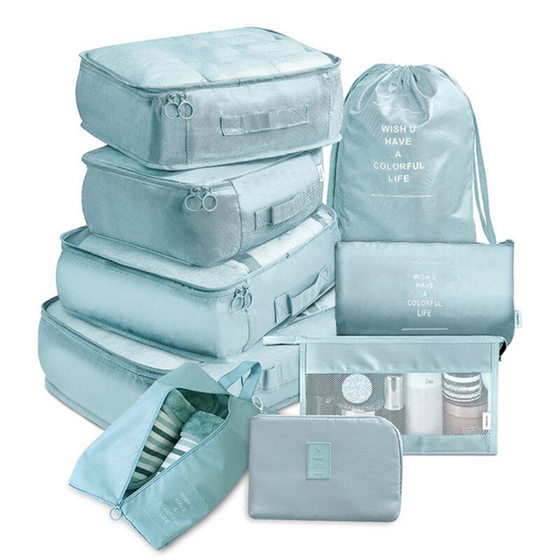 9-piece Suitcase Organize Storage Bag Portable Cosmetic Bag Clothes Underwear Shoes Packing Set Travel accessories: Lake blue