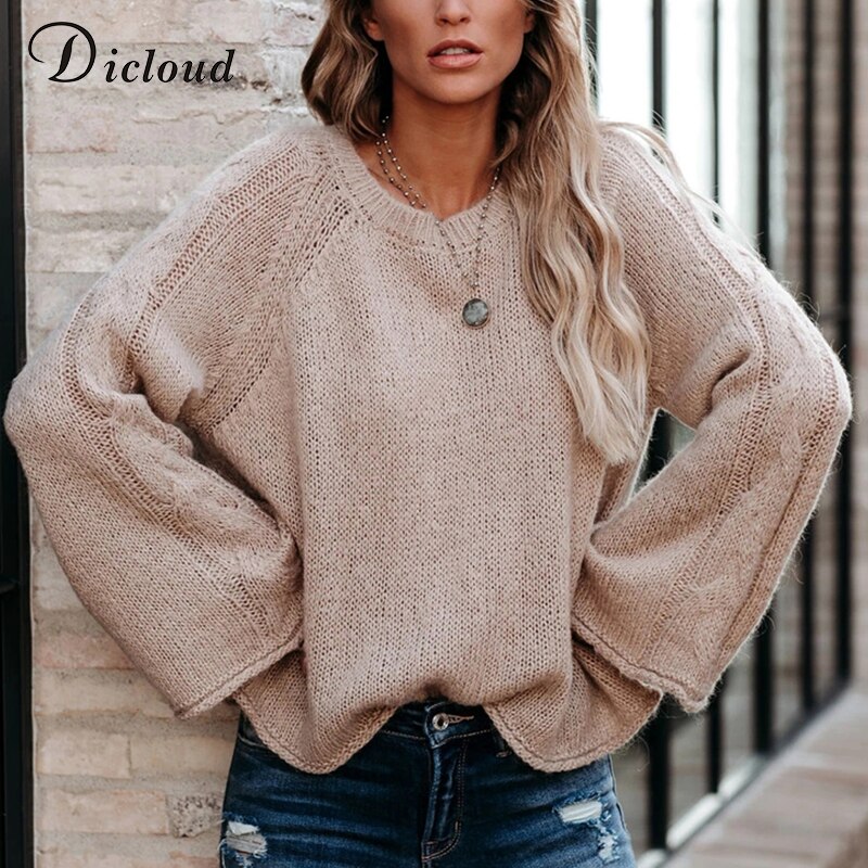 DICLOUD-suéter informal de manga larga acampanada para mujer, jerséis con cuello redondo, ropa lisa de otoño e invierno, prendas de punto holgadas de gran tamaño
