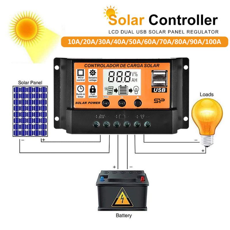 10A/20A/30A/40A/50A/60A/70A/80A/90A/100A samochodowy wyświetlacz LCD ekran Regulator ładowania słonecznego podwójny USB Regulator panelu słonecznego 12V24V Powe
