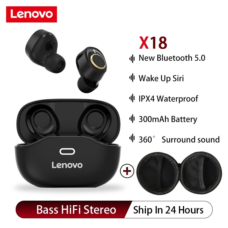 Lenovo X18 TWS écouteurs Bluetooth 5.0 casque sans fil écouteurs de sport anti-transpiration avec micro Siri Assistant vocal pour Android iOS: Black add bag