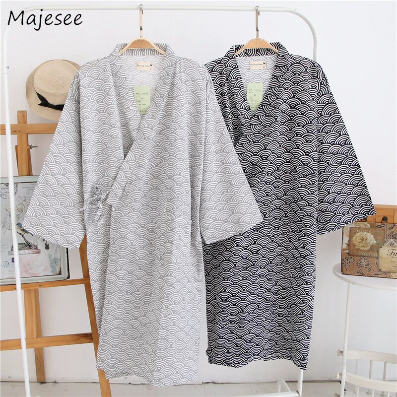 Robes Men Long V-Neck Soft Printed Simple Breathable Summer Seven-quarter Sleeve Japanese Style Robe Mens Cotton Home Clothing