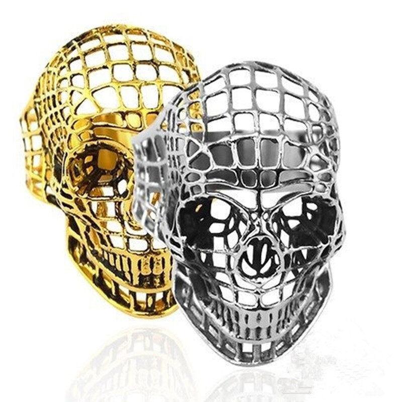 Gold Silver Color Big Skull Ring for Men Biker Ring Punk Hollow Mesh Jewelry