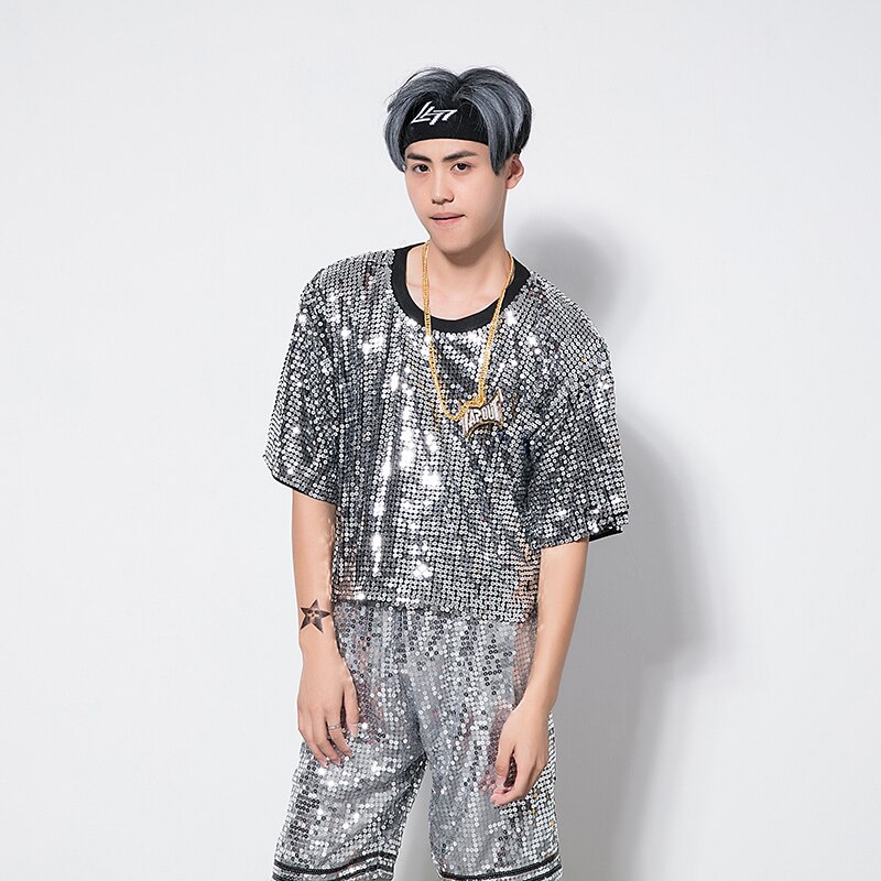 Lentejuela brillante traje de escenario de manga corta trajes de baile de Jazz Tops + Pantalones para hombres Hip Hop Bar bailarines de Dj masculino Dancer Wear BL1221