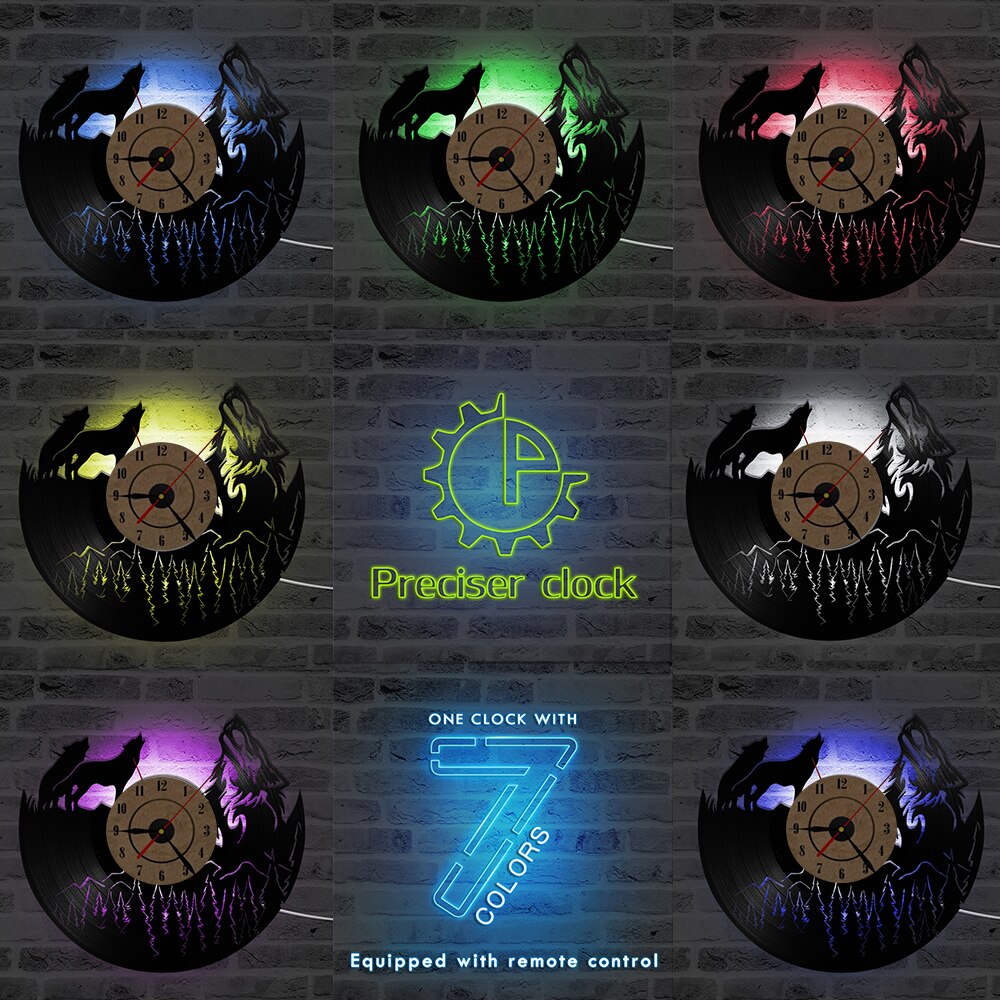 Hohl Wolf Modell Vinyl aufzeichnen Uhr Einzigartige Jahrgang Schlafzimmer Zauberstab Dekor Ideen Männer und Frauen Kühlen Antike Quarz LED uhren: B mit 7 Farben