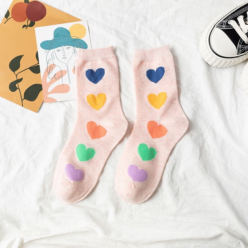 Grappige katoenen sokken dames schattig hart kleurrijk casual harajuku japans koreaans middelbare school meisjes crew pop socket: Roze