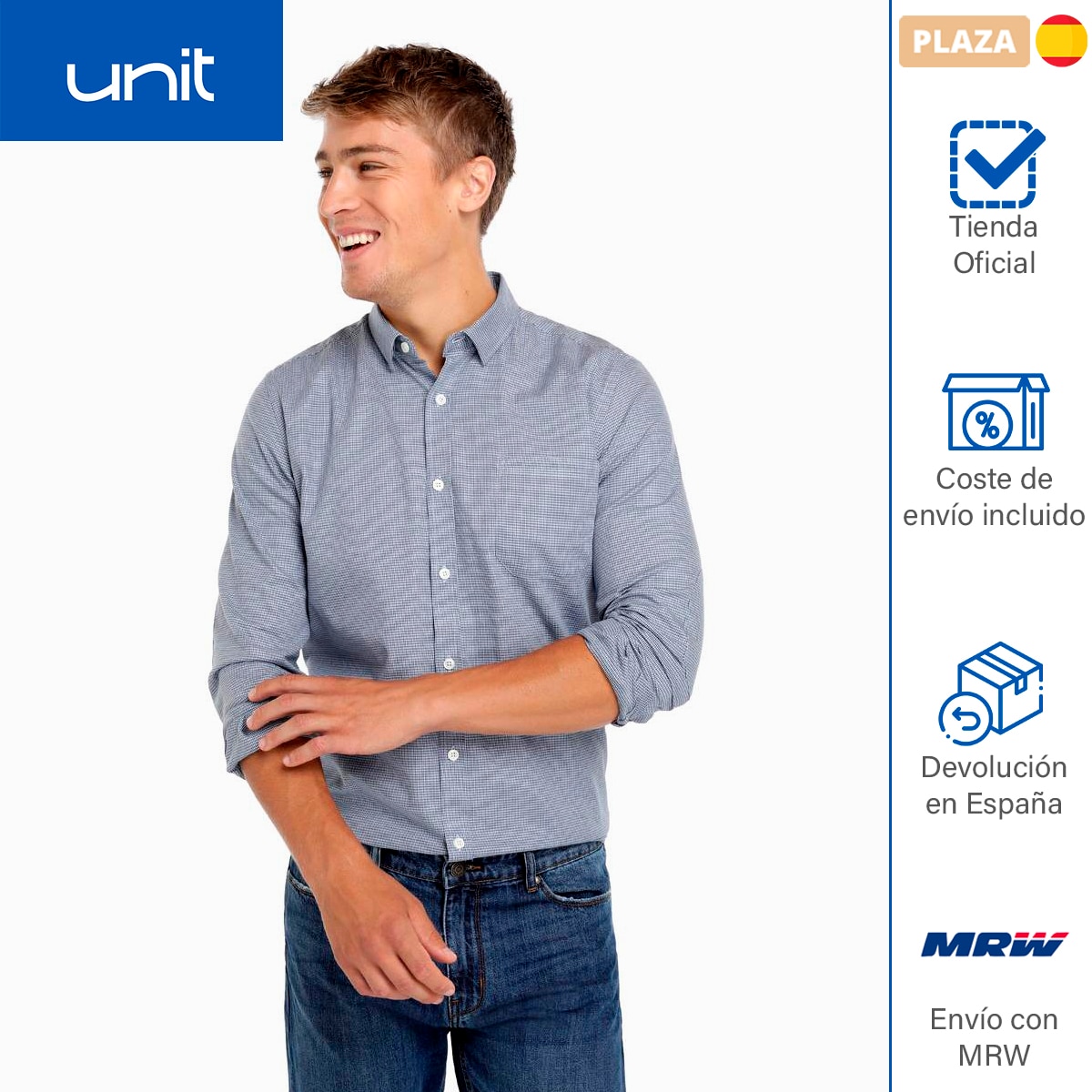 Unit - Camisa de sport para hombre lisa con botones. Ropa de hombre estilo casual para uso a diario